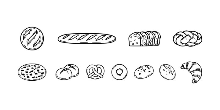 Bread Rolls and Slices Vector Illustration Set of Assorted Bakery Food Icons for Menu and Packaging Featuring Baked Goods, Pastries, Loaves