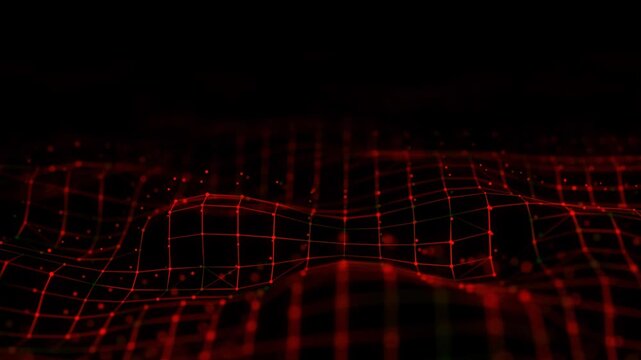 Red glowing wireframe grid surface on black background. Futuristic video background with moving digital mesh, data landscape, cyber technology interface and abstract network visualization.
