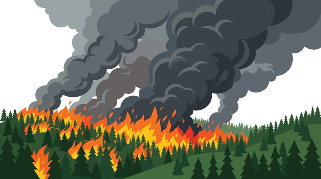 A forest fire rages with intense flames and thick smoke billowing upwards