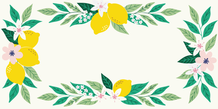 Decorative lemon orchard frame with citrus fruits and spring flowers