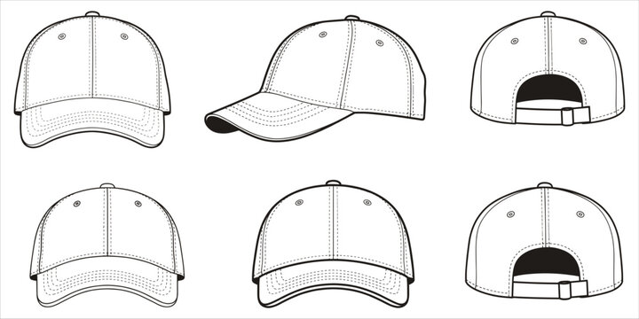 Baseball cap front side and back views in outline drawing Keywords: baseball cap, hat, headwear, apparel, accessory, fashion