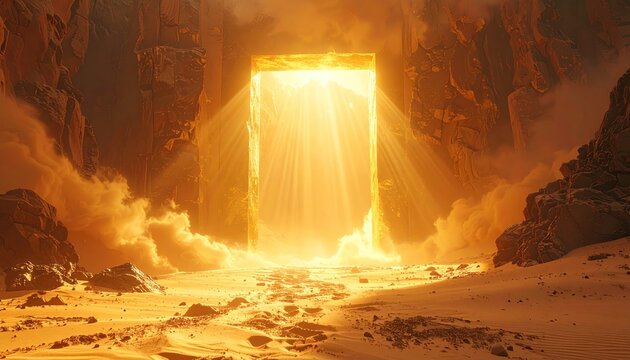 Golden portal bathes a desert landscape in radiant light, framed by rock formations