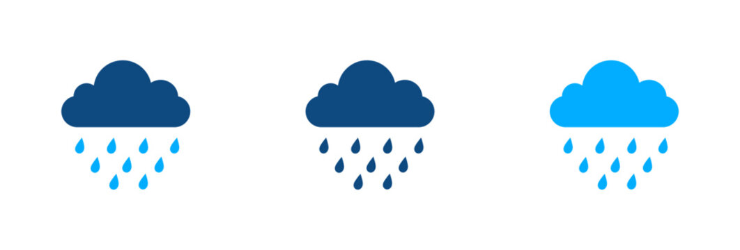 Set of blue rain cloud icons representing weather forecast and rainy season climate conditions.