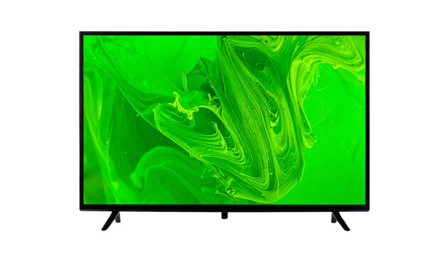 Modern flat screen television with a bright green chroma key display presented isolated on solid white Background2
