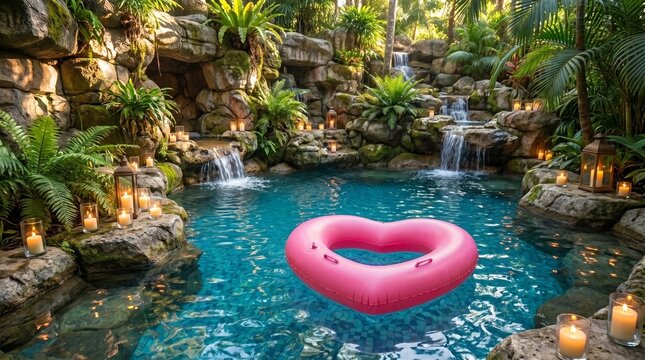 Pink heart-shaped inflatable float floating in a tropical luxury pool with waterfalls, natural rocks, lush green ferns, and romantic candles. Exotic backyard oasis or spa resort and romantic vacation.