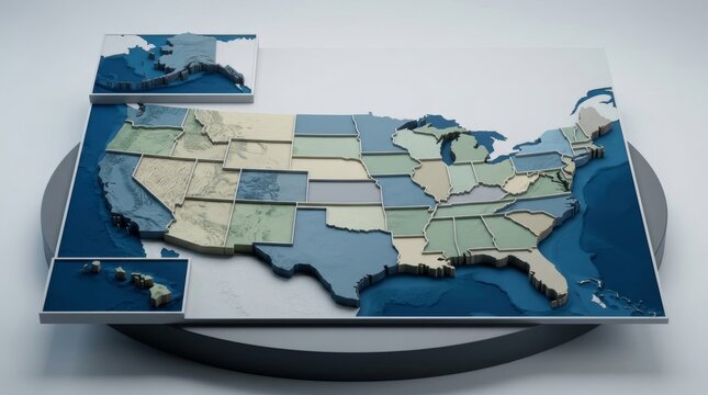3D map model of the United States with state divisions