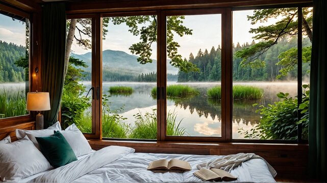 Tranquil lake view from mountain cabin window
