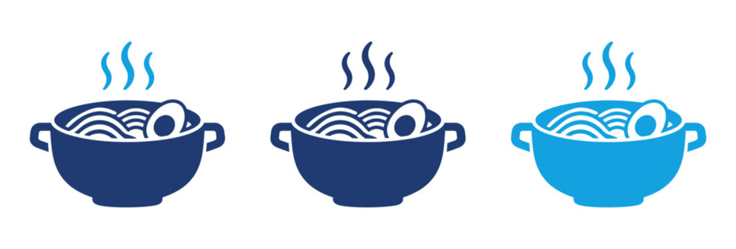 Set of three steaming ramen noodle bowls with egg in blue and turquoise flat vector style.