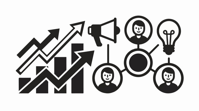 A black and white graphic depicting business growth with arrows, people icons, and a light bulb