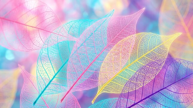 Delicate skeleton leaves featuring vibrant rainbow gradients with glowing veins created in a beautiful artistic style for unique digital backgrounds
