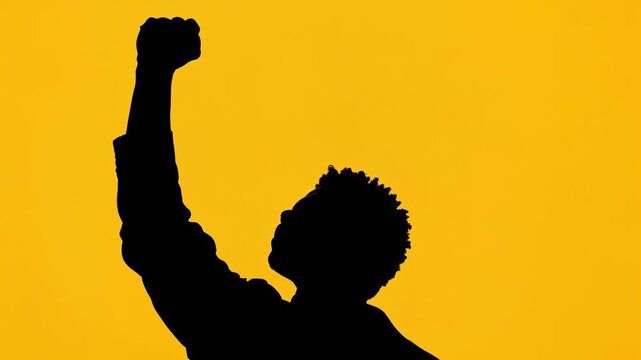 Silhouette of a person raising fist in protest against yellow background