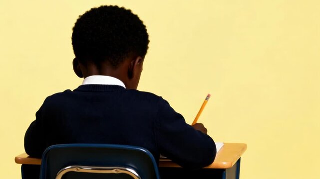 Child writing with pencil at desk against yellow background for education concept