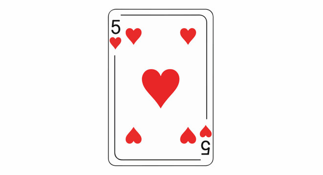 A playing card depicts the number five with five red hearts