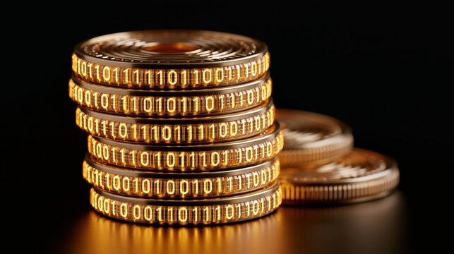 Gold coins stack with glowing digital binary code numbers for fintech and cryptocurrency concept.