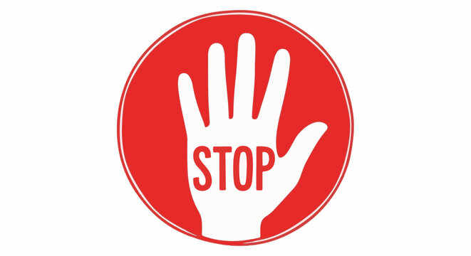 A red circle with a white stop hand and the word STOP in red text