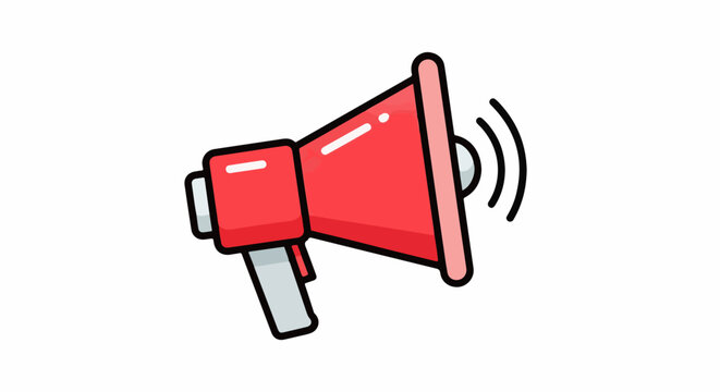 A red cartoon megaphone with sound waves emanating from it