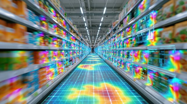 Augmented reality heat map and retail analytics data overlay on blurred supermarket store aisle for AI consumer behavior tracking.