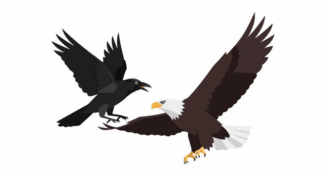 A black bird and a white-headed brown eagle in flight