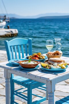 Greek seaside taverna table set for lunch overlooking picturesque port