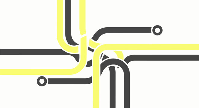 Abstract intersecting lines and circles in yellow and grey on white background