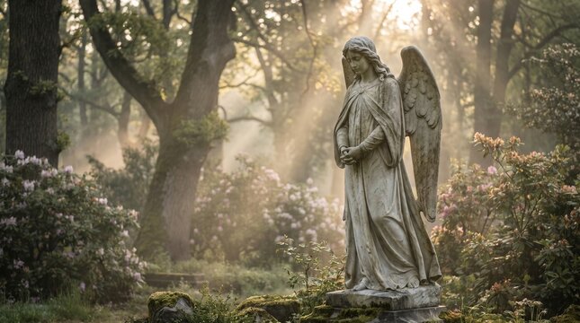 Stone angel statue standing in a peaceful misty forest at sunrise.