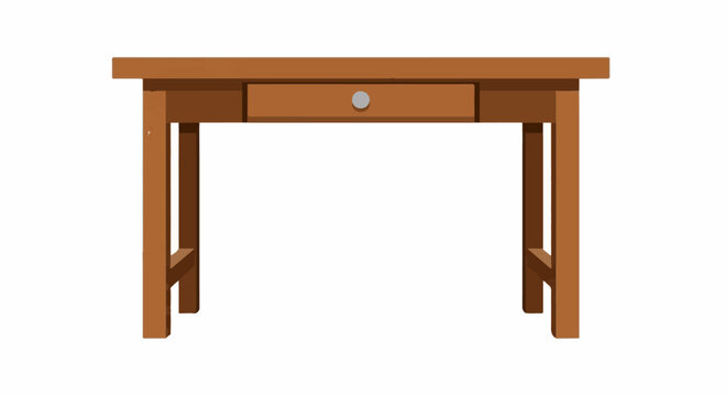 A simple wooden desk with one drawer and a silver knob, isolated on white