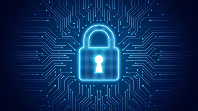 Cybersecurity lock with circuit board background digital protection and data security concept