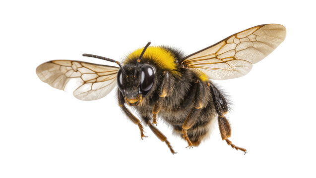 Bumblebee flying with wings spread, detailed macro shot