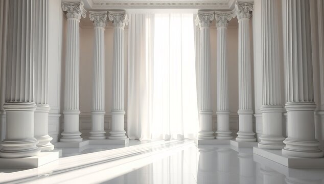 A serene interior with white columns and a bright window