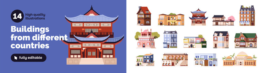Fototapeta premium Buildings from different countries set. Architecture of various cultures with traditional facades. Chinese, Japanese, English, France houses and palaces. Flat isolated vector illustrations on white