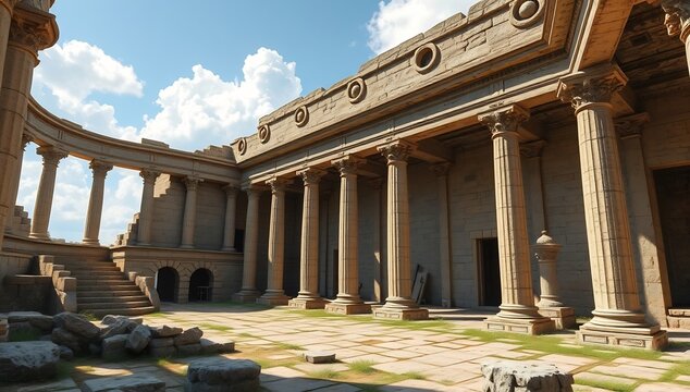 Ancient stone building with columns and stairs on a sunny day outside