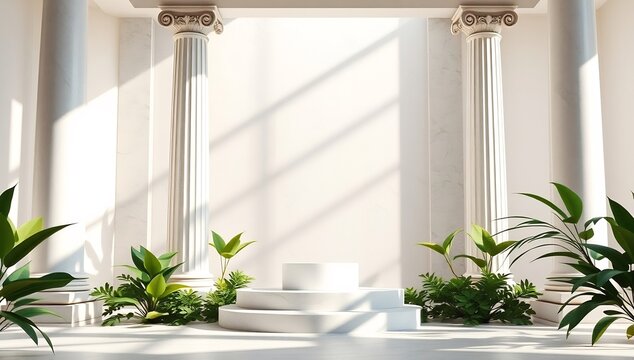 Serene white room with columns and lush green plants basking in sunlight