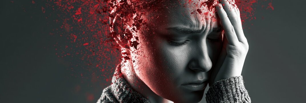 Woman experiencing intense headache, red particles symbolizing mental pain, stress, and mind fragmentation
