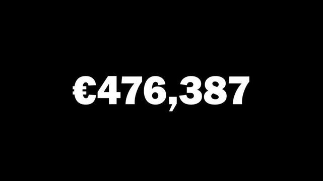 counting digital number increasing money euro from 0 to 500,000 and reverse animation from 500,000 to 0 with a euro symbol icon on a black background or transparent background, 4k video