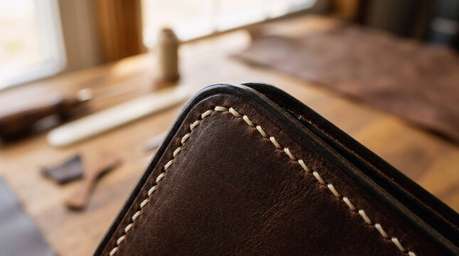Macro view of hand-stitched dark brown suede leather with visible needlework and texture, stitching