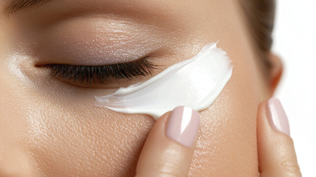 Woman applying skincare cream her face, showcasing close up of her eye and hand. image conveys sense of self care and beauty