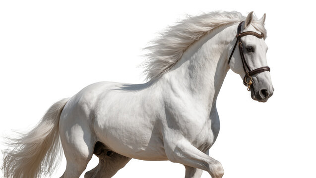Majestic white horse with flowing mane and tail in motion
