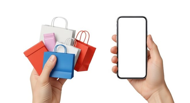 Hand holding a smartphone and a group of colorful shopping bags
