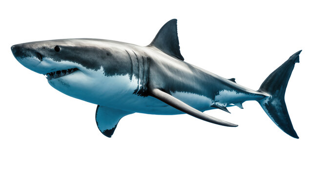 Great white shark swimming, showing sharp teeth and powerful fins