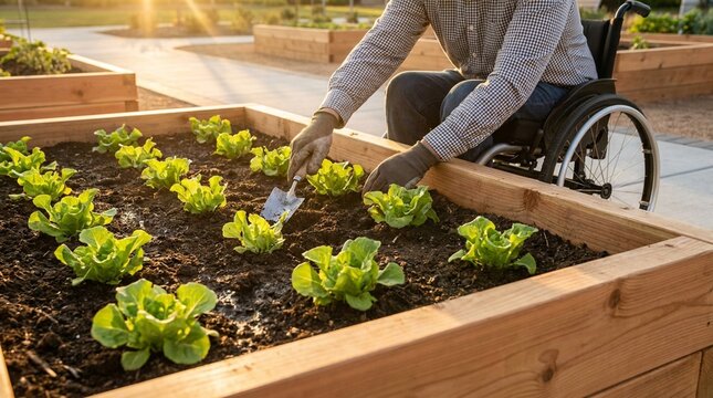 Gardening in Raised Beds, Accessible Wooden Garden, Wheelchair User Tending Plants
