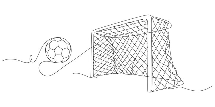 Continuous line drawing of soccer ball flying into the goal net