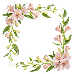 Fototapeta premium Elegant pink alstroemeria flower frame with lush green leaves, perfect for floral design elements and invitations.