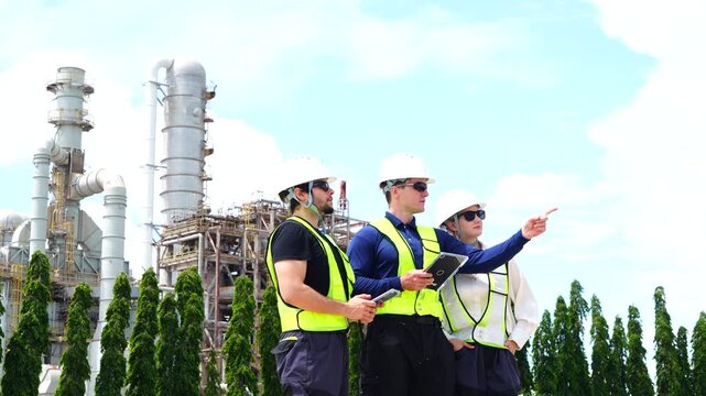 The team, consisting of a male engineer, a male foreman, and a female engineer, wearing jackets and safety helmets, and an inspector, worked and consulted together in the evenings in the petrochemical
