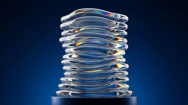 Abstract Stacked Glass Sculpture with Iridescent Rainbow Reflections on Blue Background