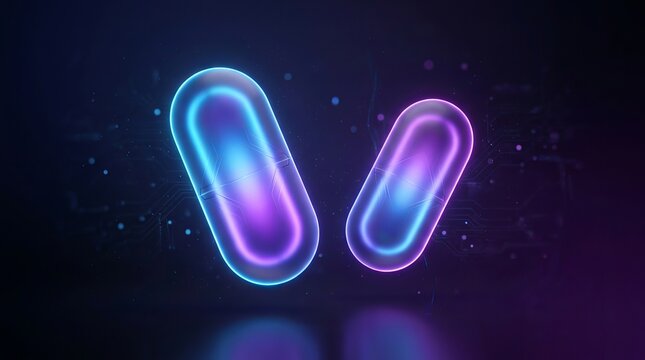 Futuristic Neon Glowing Capsules Representing Digital Medicine and Biotech Innovation