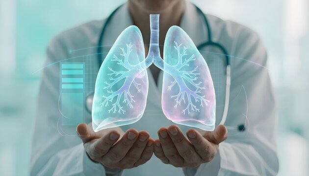 Bioengineering lung simulation and advanced respiratory therapy designs. Pulmonary medical technology. Practitioner holding an organic glowing lung replica with an interface element