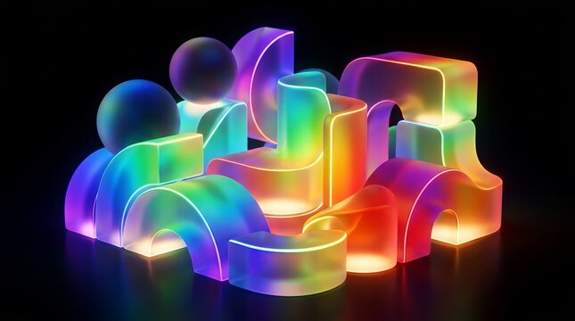 Abstract 3D Render of Colorful Glowing Frosted Glass Geometric Shapes with Vibrant Rainbow Gradients