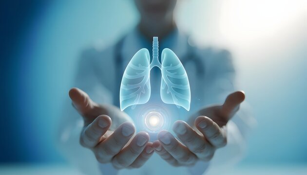 Virtual lung assessment and futuristic medical imaging solutions. Pulmonary function testing and healthcare tech. Doctor balancing a clean holographic lung over an interface light