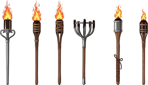 Medieval and backyard tiki torches set with burning flames isolated on white background.