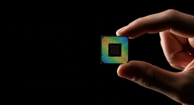 A closeup of a person holding a small, iridescent computer processor chip